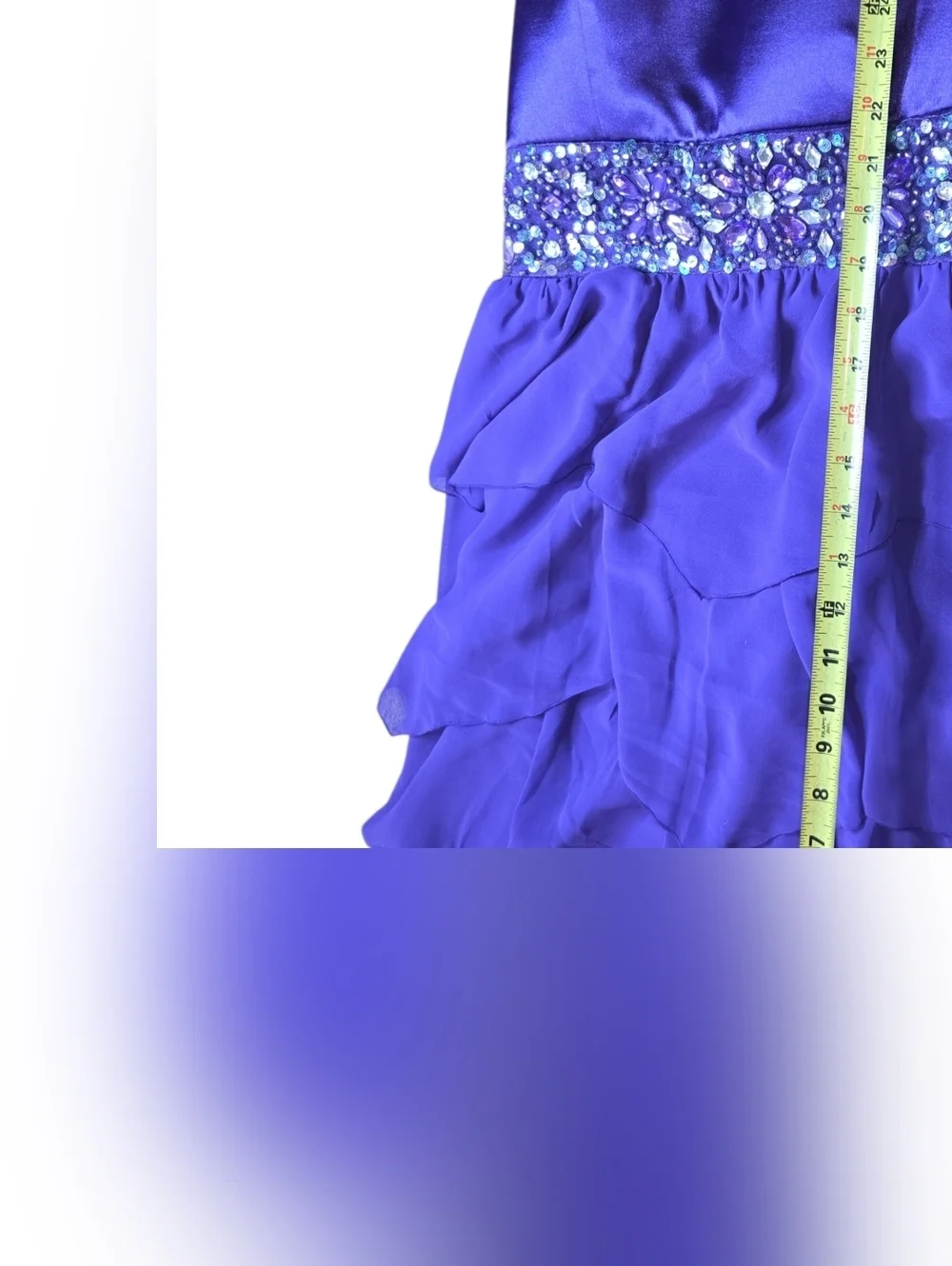 Sequin Hearts Purple Bejeweled Waist Layered Chiffon Prom Dress